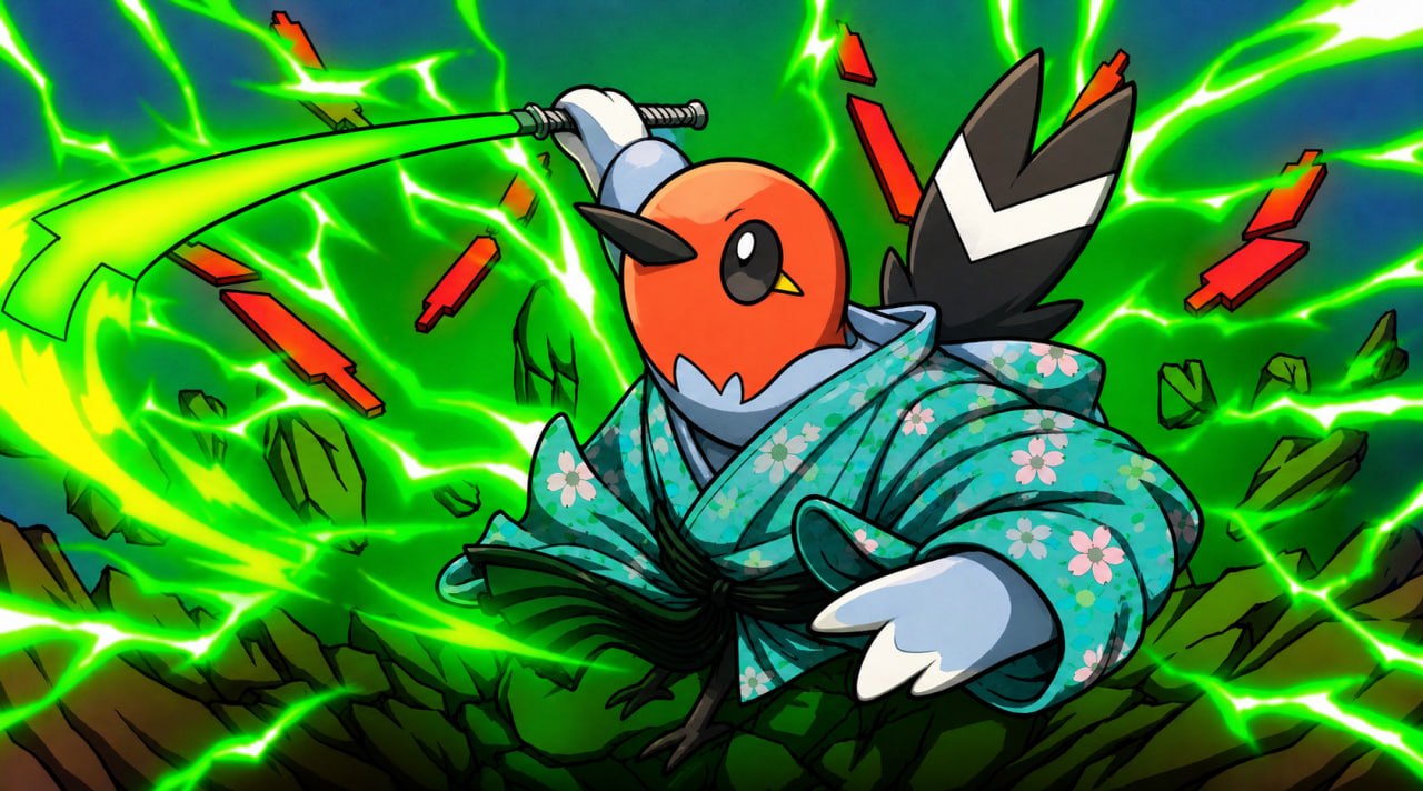 Samurai Fletchling drawing a blade in green lightning