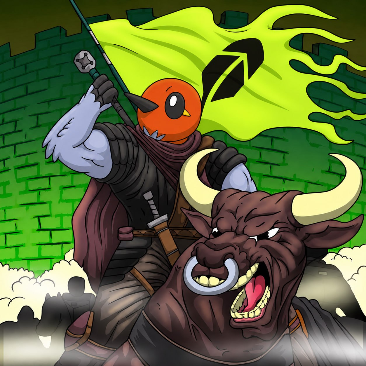 Fletchling in armor riding a charging bull with the neon feather flag