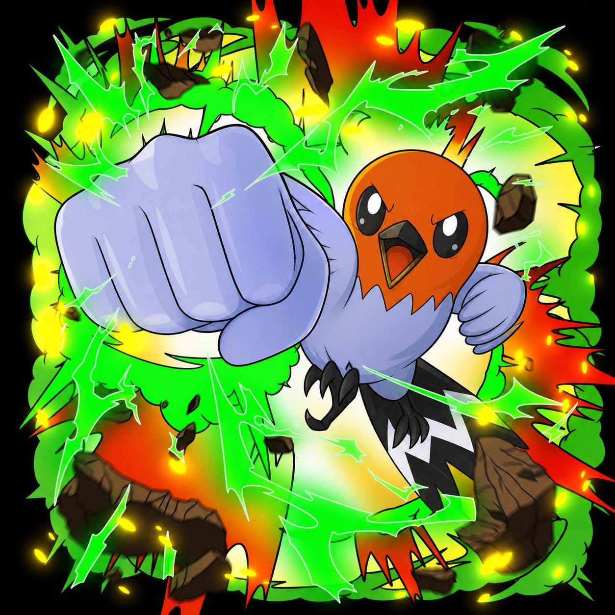 Fletchling throwing a punch in a green explosion