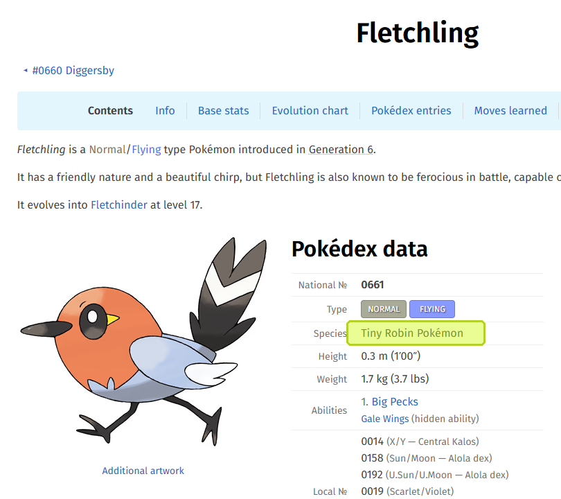 Pokemon Database entry showing Fletchling species as Tiny Robin Pokemon