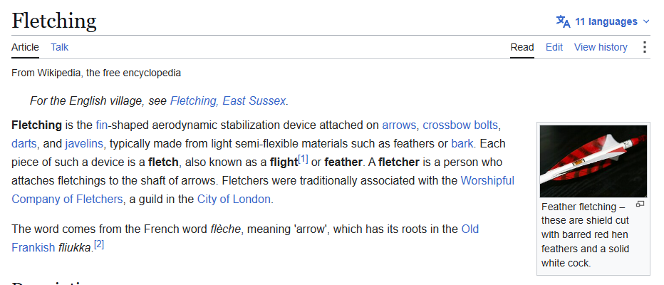 Wikipedia article for Fletching showing the definition and a feather fletching photo